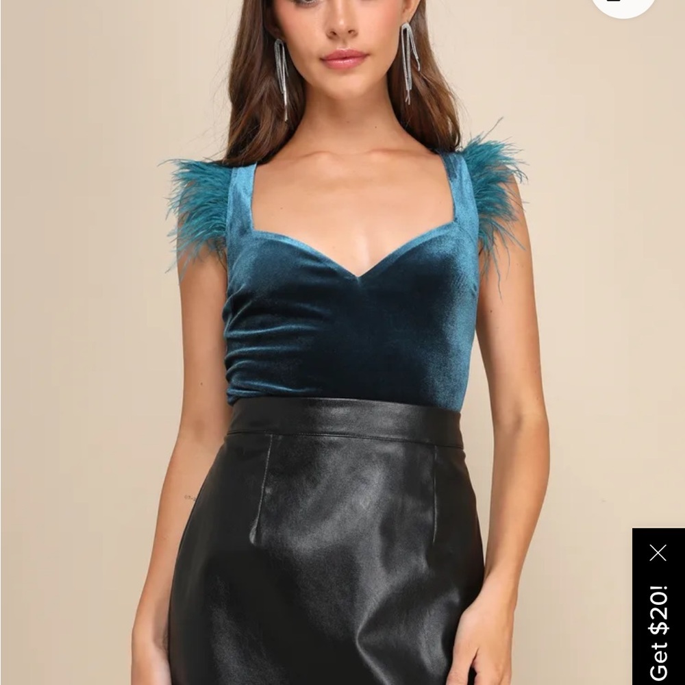 NWT Lulu's Deep Blue/Teal Velvet Bodysuit with Feather Detail
